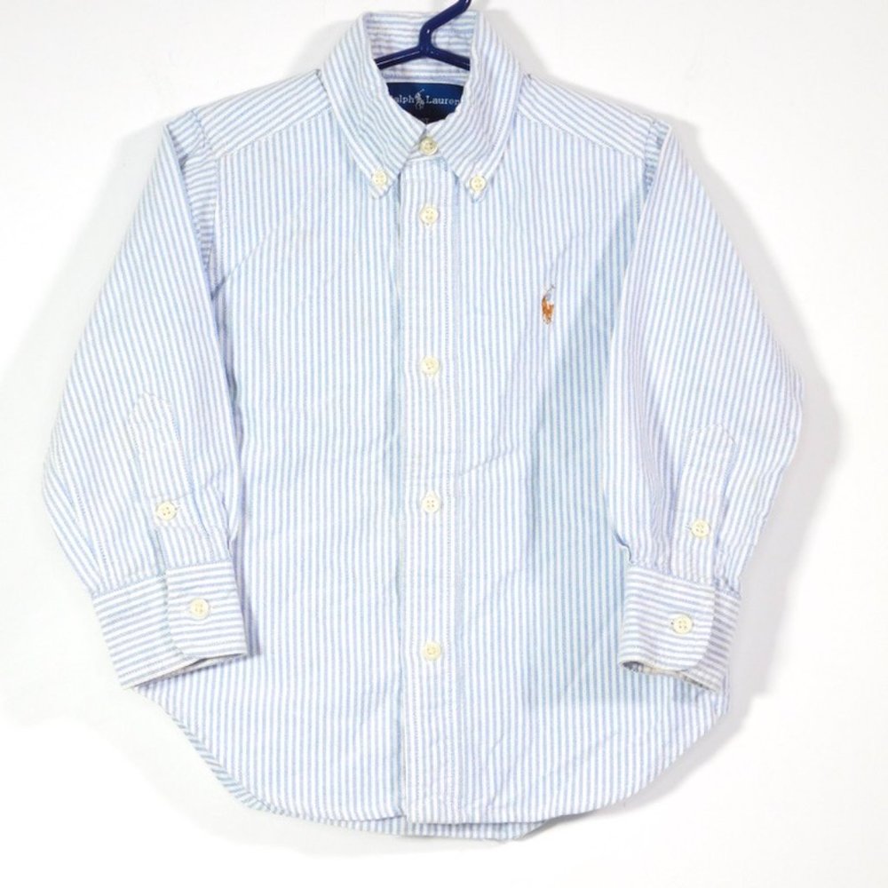 Ralph Lauren Youth Boys Long Sleeve Button Down Dress Shirt Blue White Striped